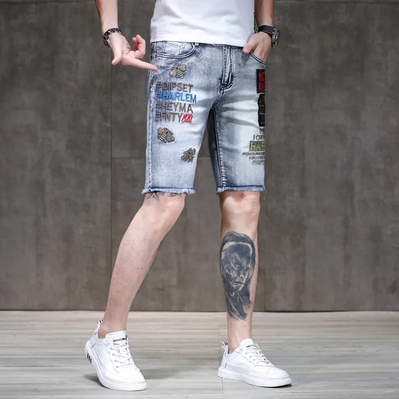 

Slim Fit Denim Shorts Men's Trendy Embroidered Frayed Hem Summer Pirate Shorts Trendy Brand Casual Motorcycle Shorts