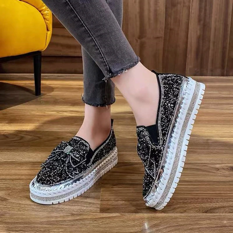 LazySeal Bling Sequine Upper Women Flat Heel Shoe Luxury Butterfly Street Style Casual Footwear Flats Plus Size 44