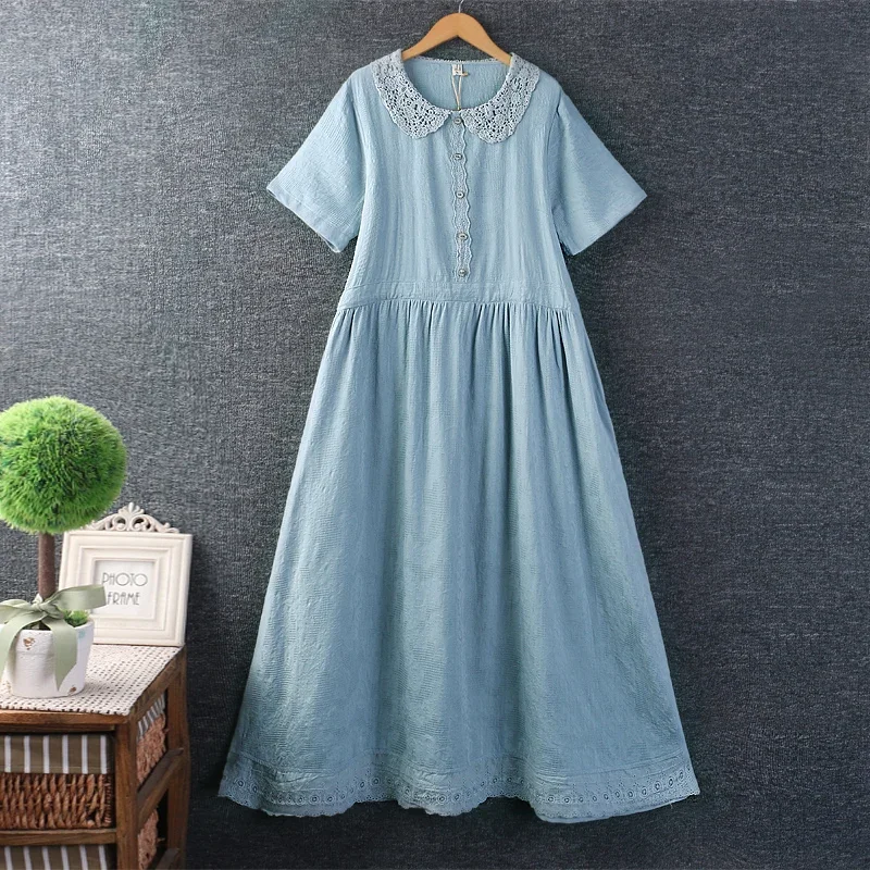 

Women's Short Sleeve Loose Dress, Japanese Style, Peter Pan Collar, Kawaii, Cotton, Linen, Casual, Long, Summer