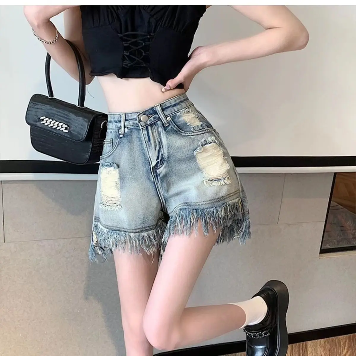 Women's High Waist Denim Shorts, Loose and Thin Coats, Tailored Pink, Fitness Sports, Large Size, Summer, New, 2023