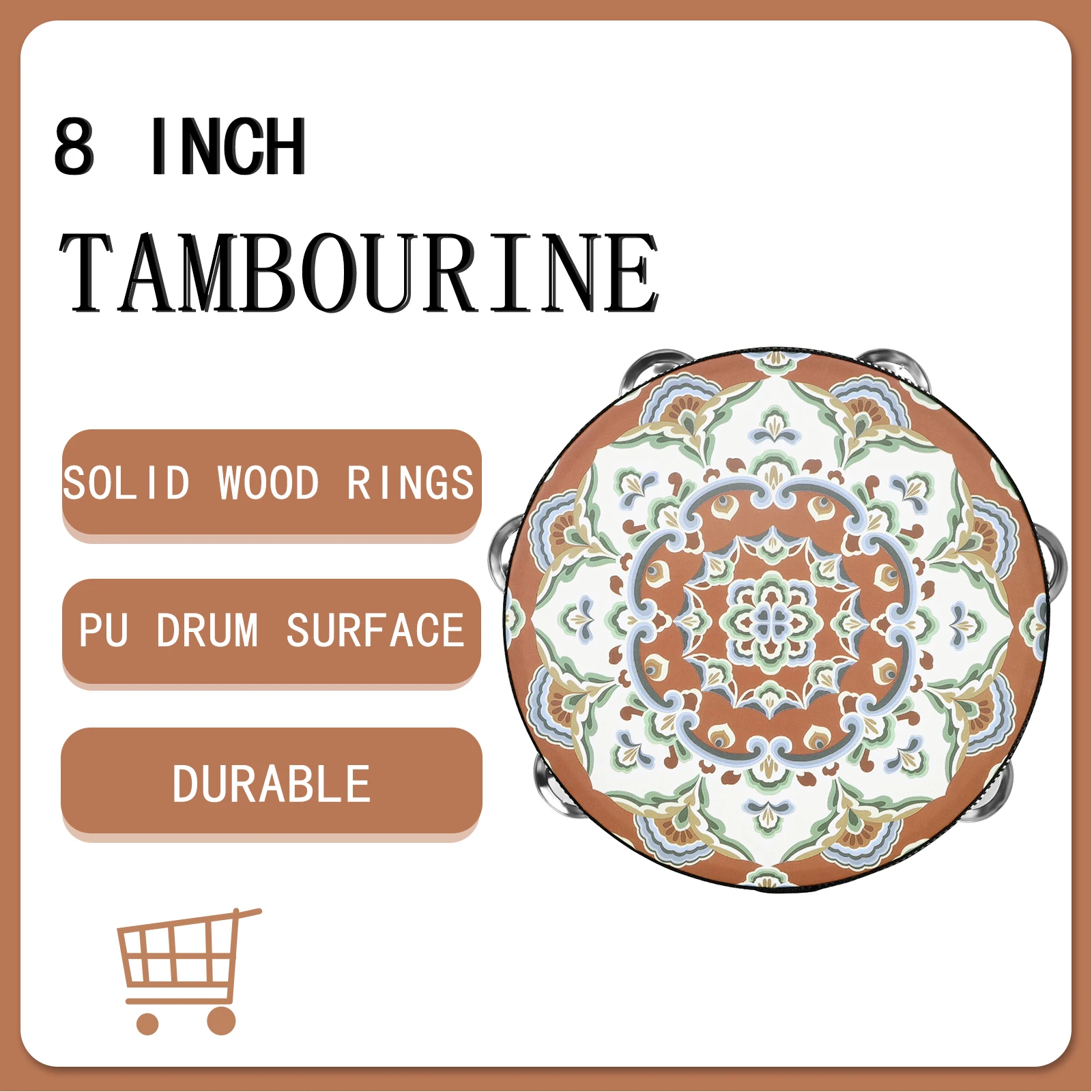 8 Inch Tambourine Hand Drum Dunhuang Style Stainless Steel Bells Drums Percussion Musical Instruments Orff Classic Flower Drums