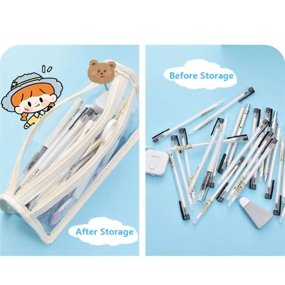 간단한 더블 레이어 펜 가방 대용량 투명 연필 케이스 휴대용 방수 편지지 가방 학생