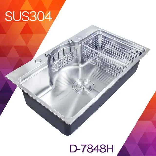 Thickened 304 Stainless Steel Rectangular Single Bowl Kitchen Sink Set with Faucet Includes Optional Drain Basket Storage 1