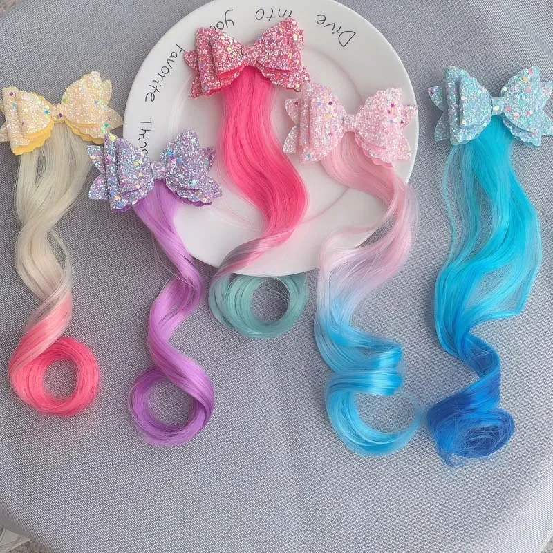 

Hot Bows Princess Hair Clips Ties Girls Colorful Wigs Unicorn Ponytail Hair Clips Headwear Braid Kids Gift Accessories