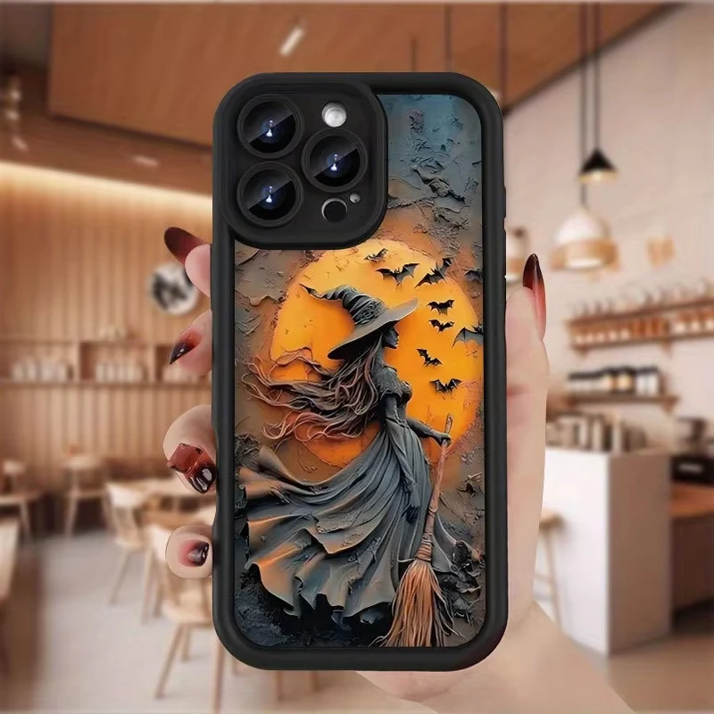 Glowing Moonlight Witch Broom & Bat Silicone Phone Case