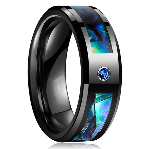 Men Black Tungsten Carbide Ring Abalone Shell and Blue Cubic Zirconia Inlay Ring Wedding Band Beveled Edge Comfort Fit
