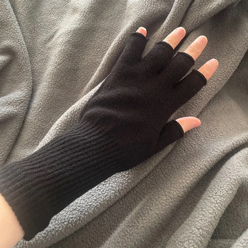 1 Pair Long Gloves Black Fingerless Knitted Gloves for Men Women Warm Outdoor Mitten Cycling Accessories Elastic Work Gloves