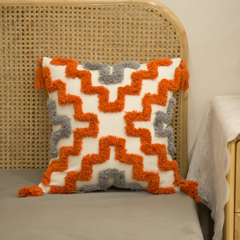 

Orange Gray Tufted Pillow for Case with Tassel Boho Woven Geometric Cushion Cove