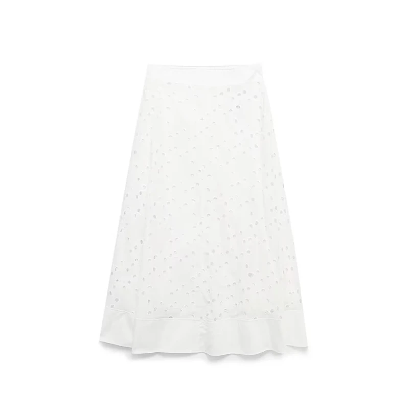

Summer New Hollow Embroidery White A-line Long Skirt High Waist Slim Cape Skirt Loose Half Skirt's