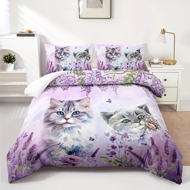 3pcs Duvet Cover Set (1*Duvet Cover + 2*Pillowcase, Without Core), Lavender Cat Animal Floral Print Bedding Set
