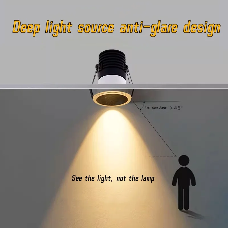 Led downlight, recessed ceiling spotlight, ceiling lamps LED Cupboard Ceiling Spot Lights Dimmable Recessed Anti Glare COB LED Downlights Ac110/220v Warm White for Living Room Bedroom