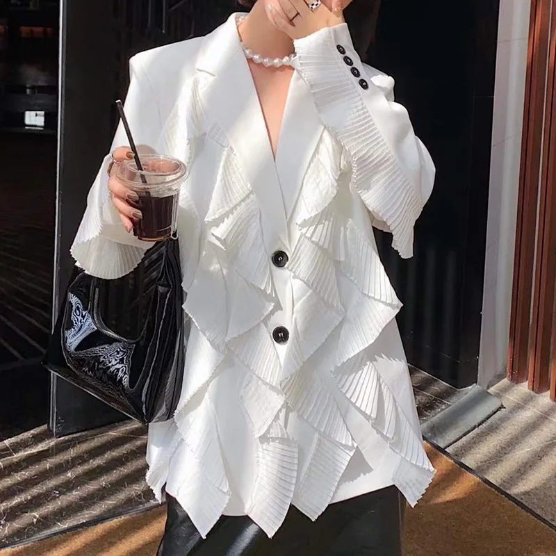 

SuperAen Spring 2022 French Patchwork Lace Loose Suit Solid Notched Office Lady Jacket Blazer Women