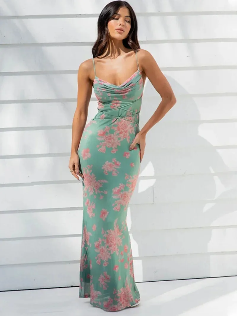 

2024 Women Sleeveless Floral Print Bandage Tunics Long Slip Dress Elegant Sexy High Waist Backless Bodycon Holiday Party Dresses