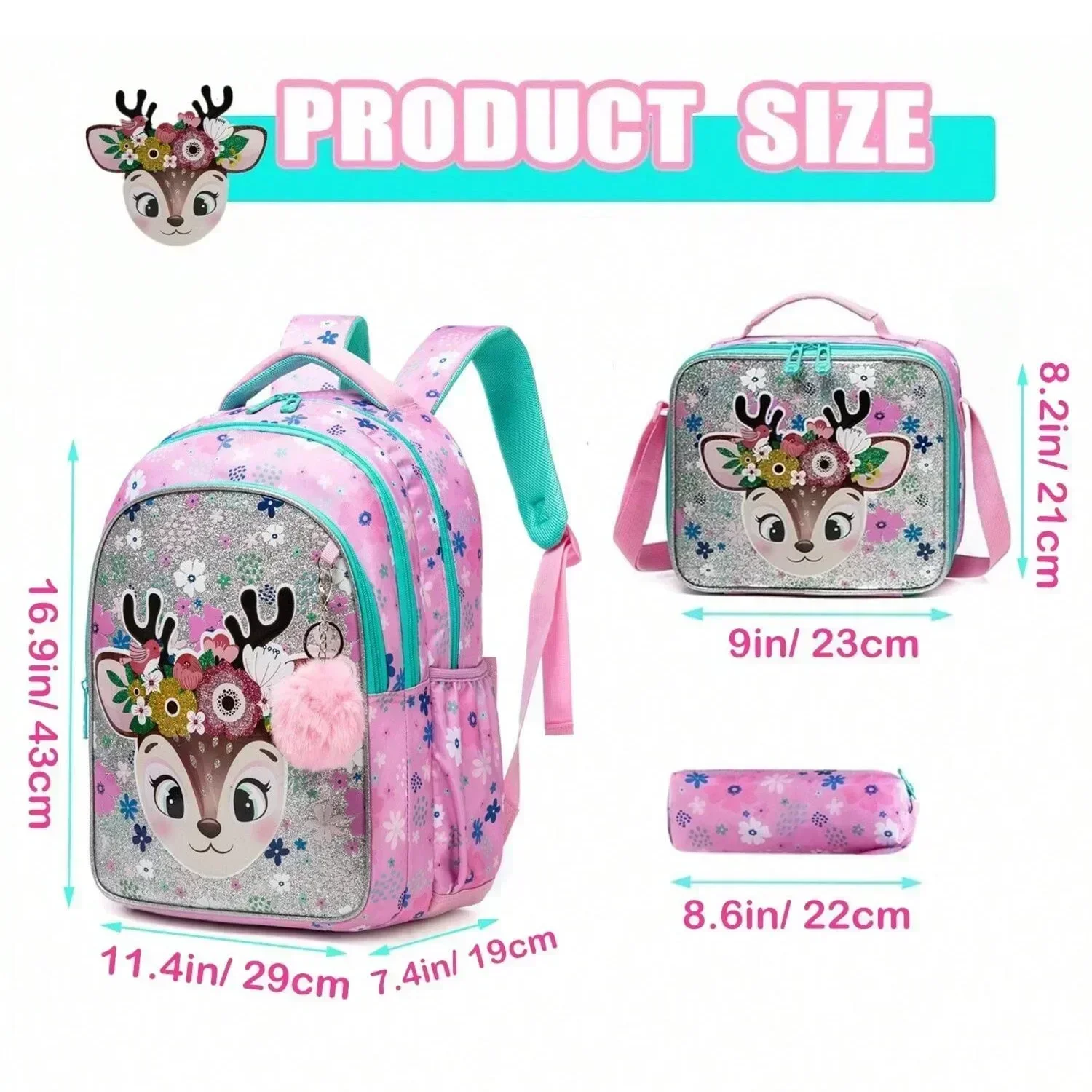 3PCS Cute School Bags for Girls Kids Backpack Set with Lunch Box Pencil Case Back To School Bookbag for Elementary Students 4