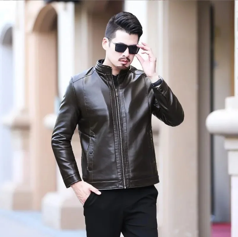 

Men Leather Jacket Men's Stand-up Collar Business Casual Fur One-piece Super Soft SE Plush Liner Warm