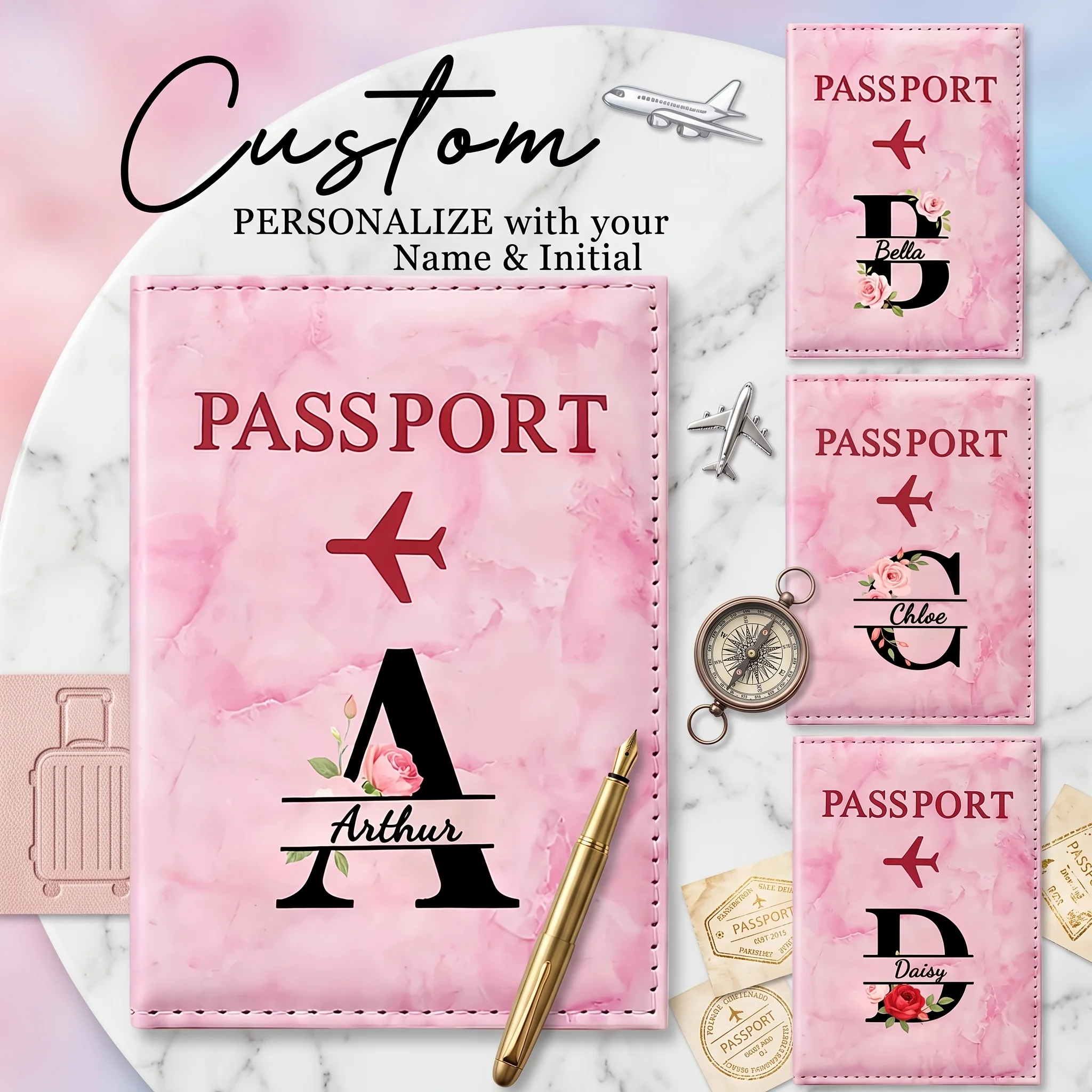 Porte-passeport personnalisable Dreamy - Porte-passeport personnalisable avec 26 lettres - Organiseur de documents de voyage en cuir synthétique 1