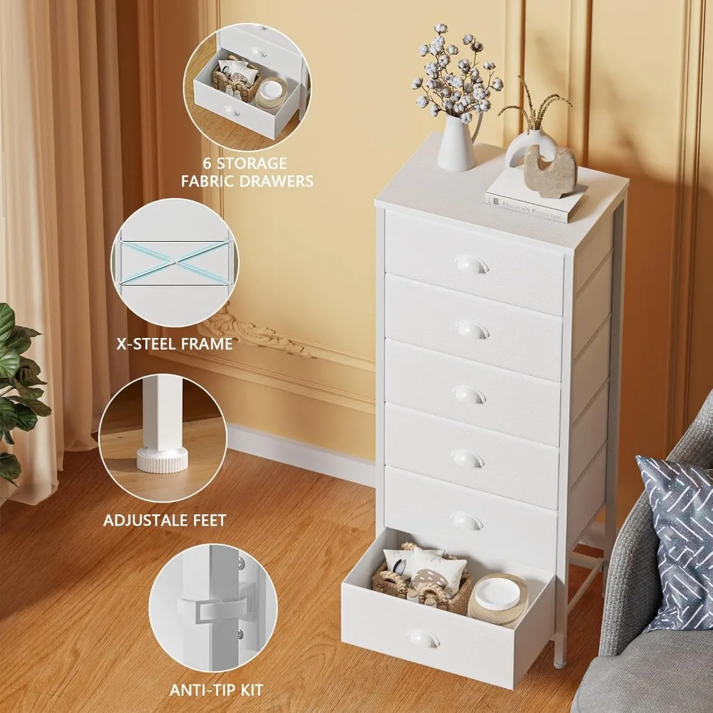 White Tall Dresser for Bedroom,Vertical Storage Tower Unit and End Table with 6 Drawers, Nightstand Furniture Fabric Drawer 5