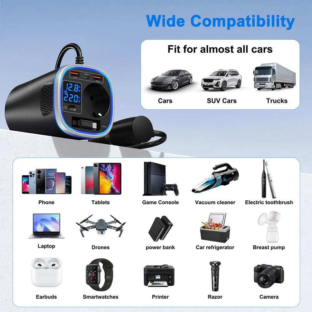 새로운 컵형 디자인 차량용 인버터 300W 12V-220V 차량용 변환 소켓 디지털 디스플레이 USB/타입 C 충전기 차량용 전원 변환기