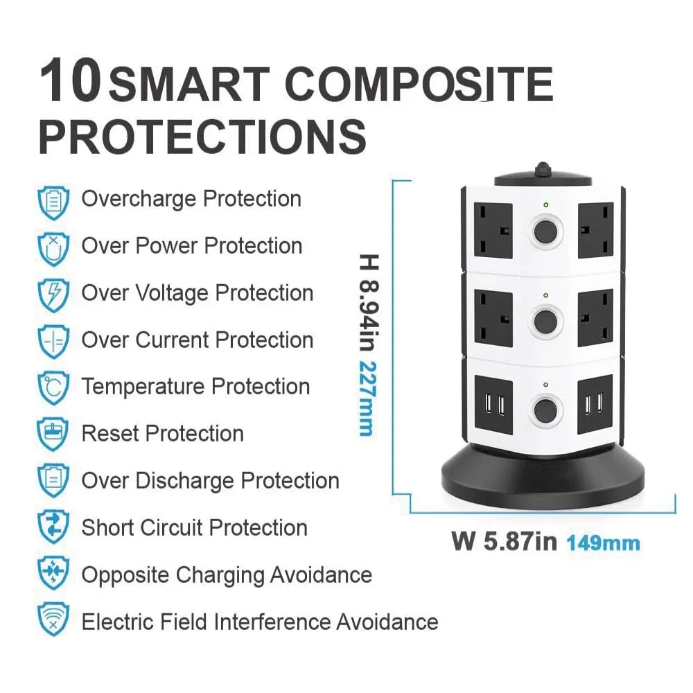 Vertical Power Strip Multiple Surge Protector Extension Socket Individually Switched Plug Outlet USB Charging Station 2m Cable