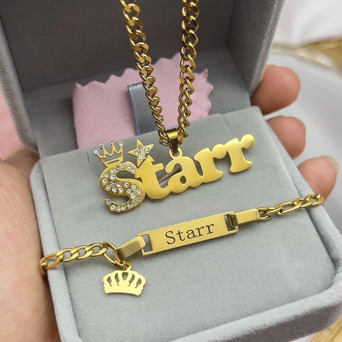 Customised Nameplate Suit Custom Baby Name Necklace Zircon Stainless Steel Cuban Chian BIG Crown Star Charm Bracelet for Kids customized necklace double plated heavenly love name necklace for women name plate stainless steel name pendant charm jewelry