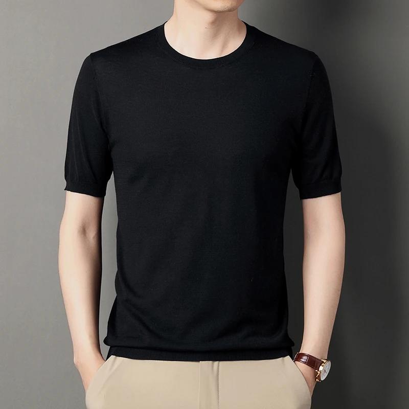 High Quality Men Silk Knit Tops 2022 Summer O-Neck Ice Silk Tee Shirts Male Short Sleeve Knitting Thin Clothing T-Shirts