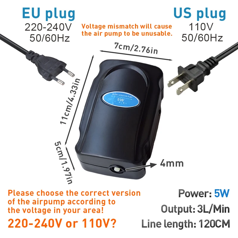 Aquarium 5W Silent Air Pump 220V-240V 110V Fish Tank Quiet Bubble Pump Oxygenation Air Stone Accessories Aquarium Air Compressor 6