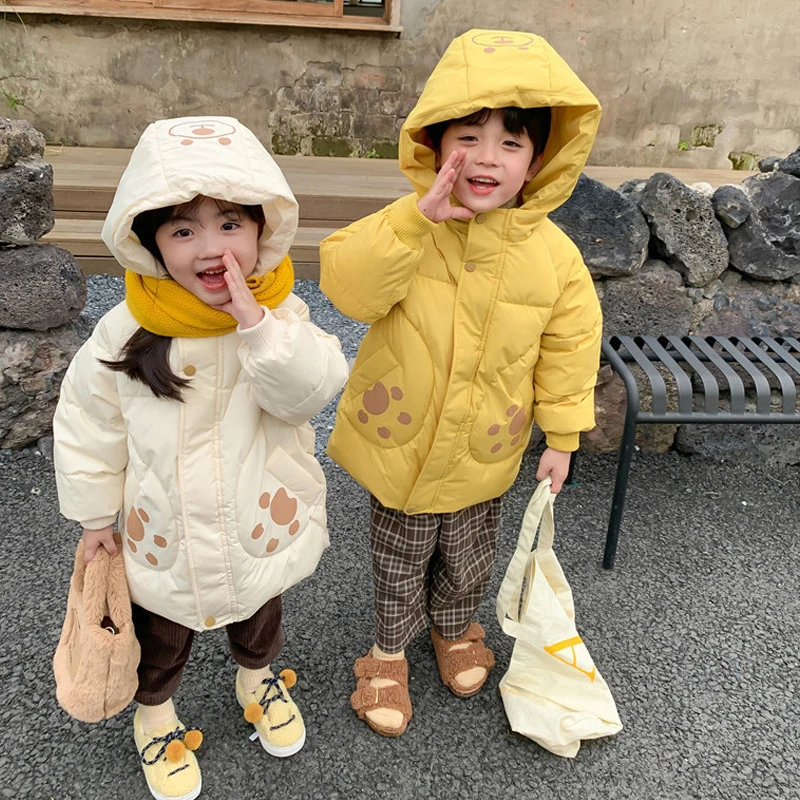 

Winter Plush Hooded Coat 1-7 Year Old Girls Boys Cartoon Print Down Jacket Thickened Mid length 2023 Fashion new Child Clothing