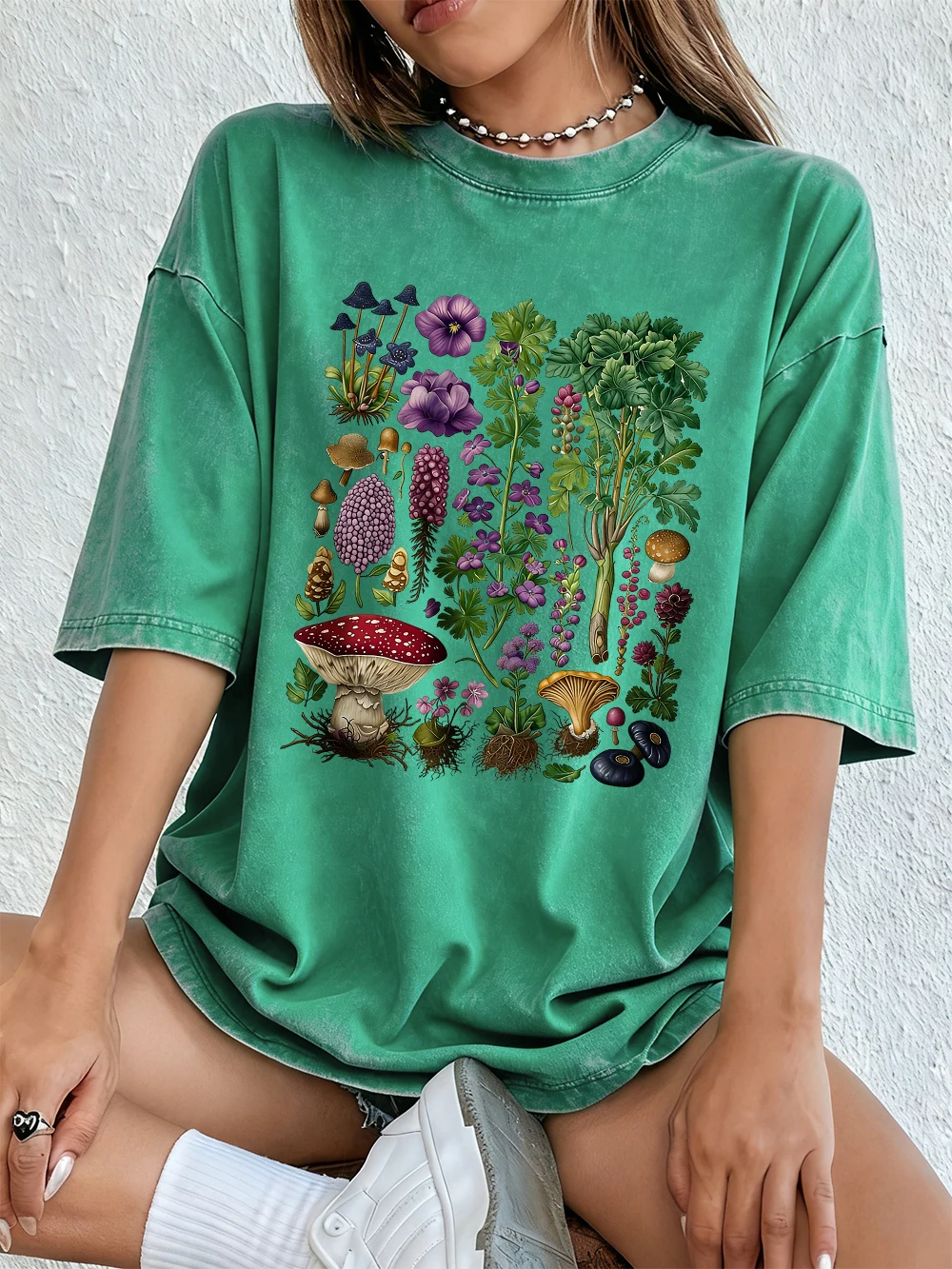 Floral & Mushroom Print Oversized Cotton T-Shirt - Women's Casual Summer Top