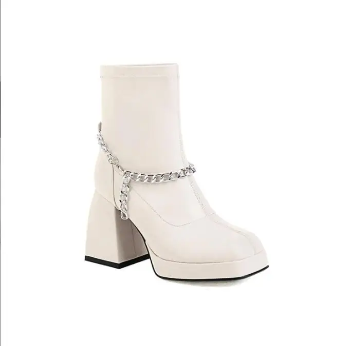 Fashion Women chain Boots Female British Styl Autumn Single Boots Square Toe Thick Heel Net Red Thin High Heels Short Boots