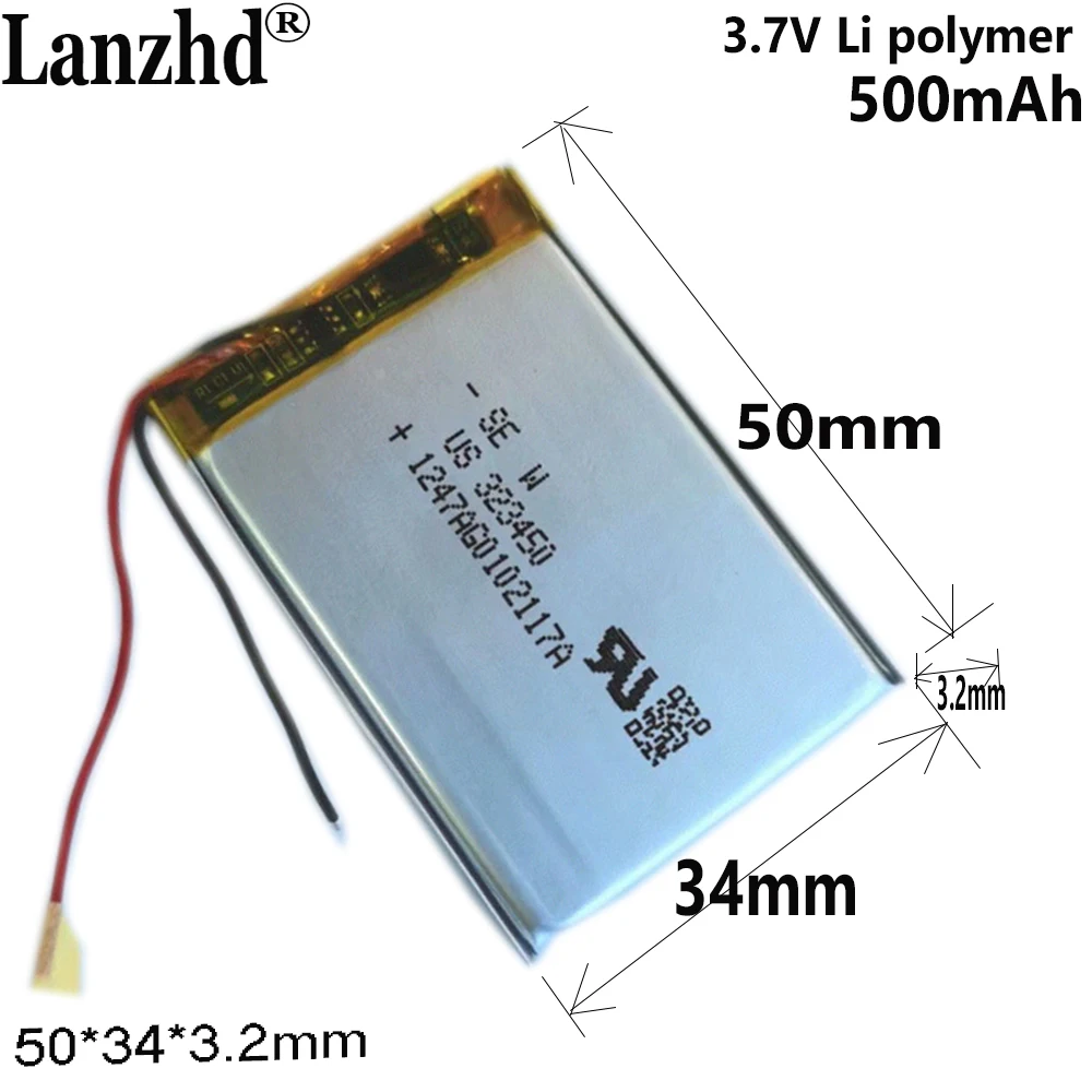 

3.7V polymer lithium Battery 500MAH 323450 For smart wearable products Medical products card reader