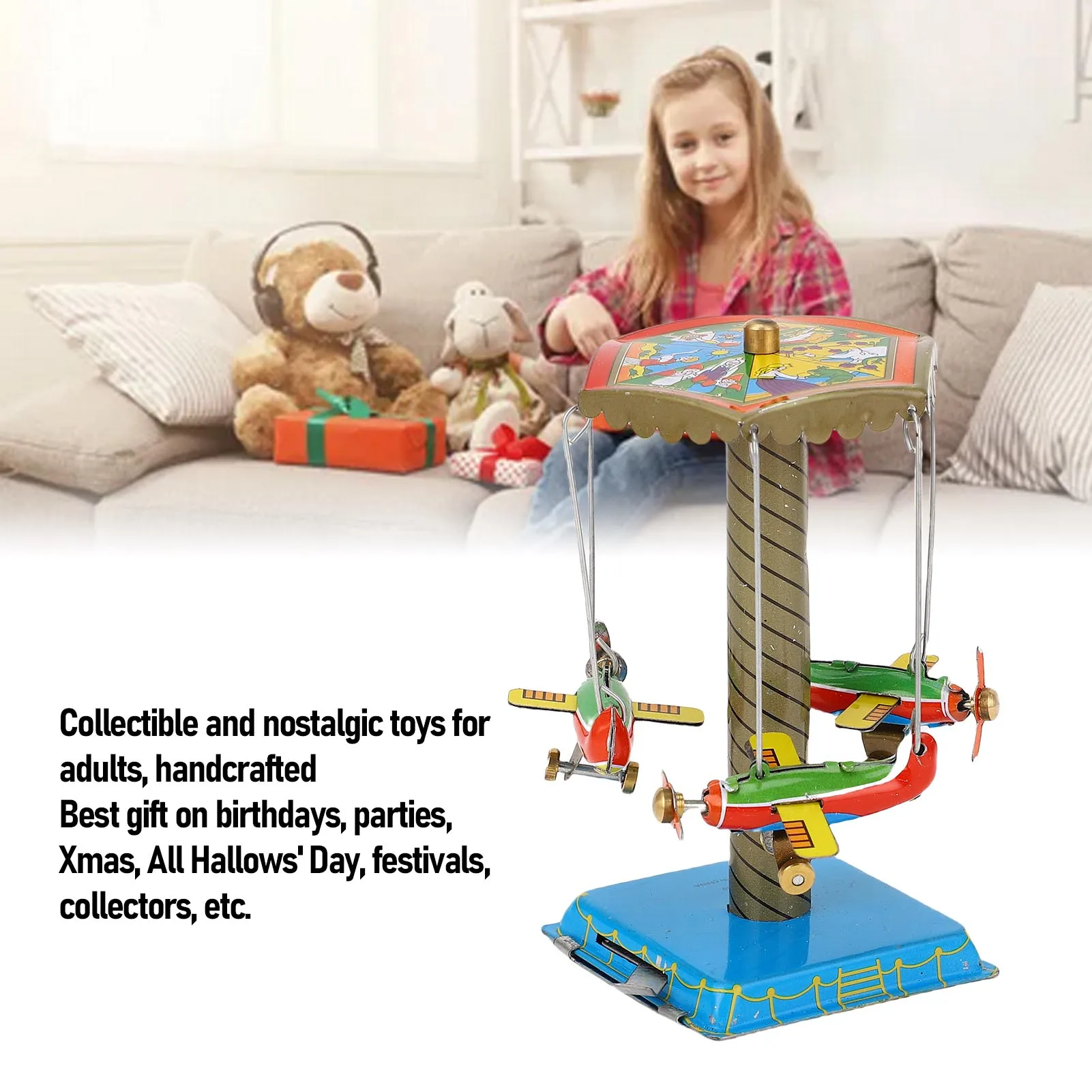 Collectible Tin  Airplane Carousel MM089 Retro Nostalgic Clockwork Spring Rotating Plane Figurine Aircraft Tin Plane Carousel