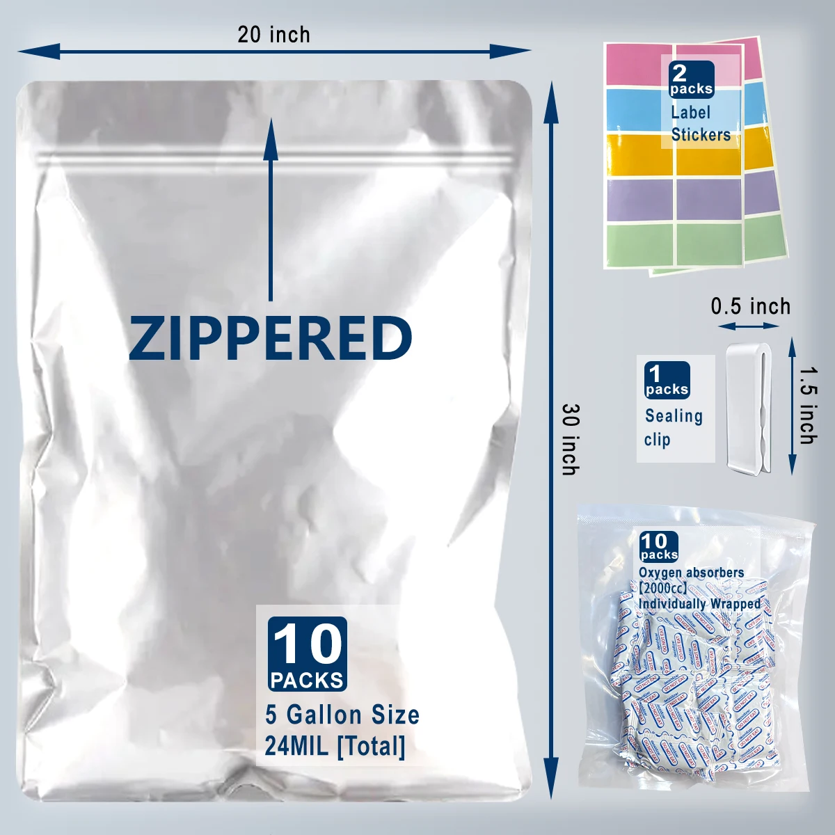 2/4/5 Gallon Mylar Zipper Bags Food Storage 12 Mil Thick Mylar Bags with Oxygen Absorbers 2000cc Ziplock Resealable 10pcs