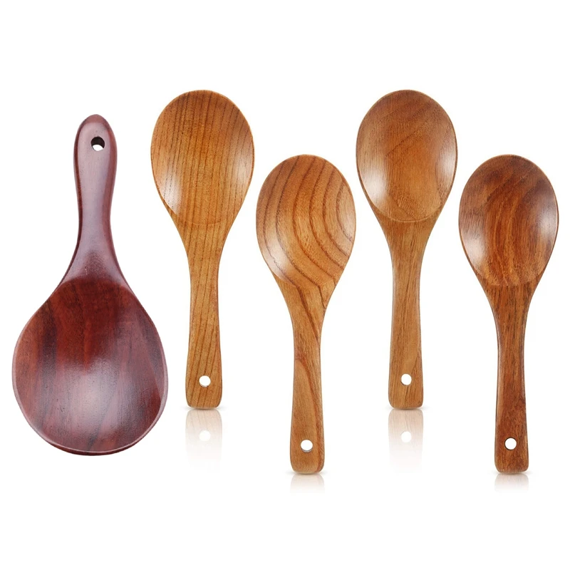 

1X Teak Wood Spoon Natural Solid Wood Rice Spoon & 4Pieces Wood Spoons 21.5Cm Wooden Rice Paddle Versatile Serving Spoon