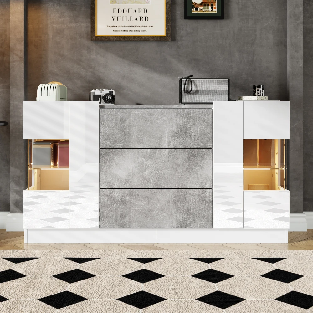 Elegantes Sideboard mit 2 Türen und 3 Schubladen – Hochglanzweiße Ründe und grauem Marmoroptik, LED-Beleuchtung, 140 x 35 x 75 cm – Detail 10