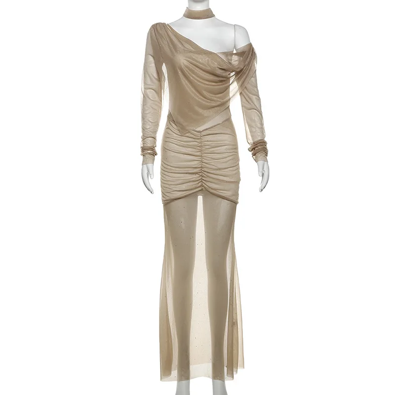 Sequin Sexy See-Through Maxi Dress Women's Pleated Glitter Off-Shoulder Summer Fashion Party Dress Gown Shiny Long Dress