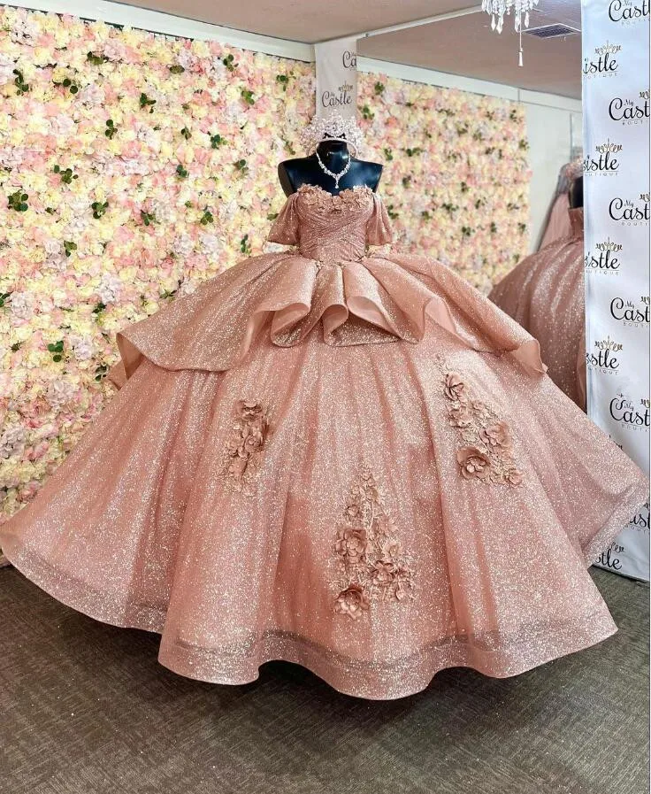 

Розовое Золотое бальное платье принцессы, платья для Quinceanera, милое платье с блестками и открытыми плечами для свадьбы 16 лет