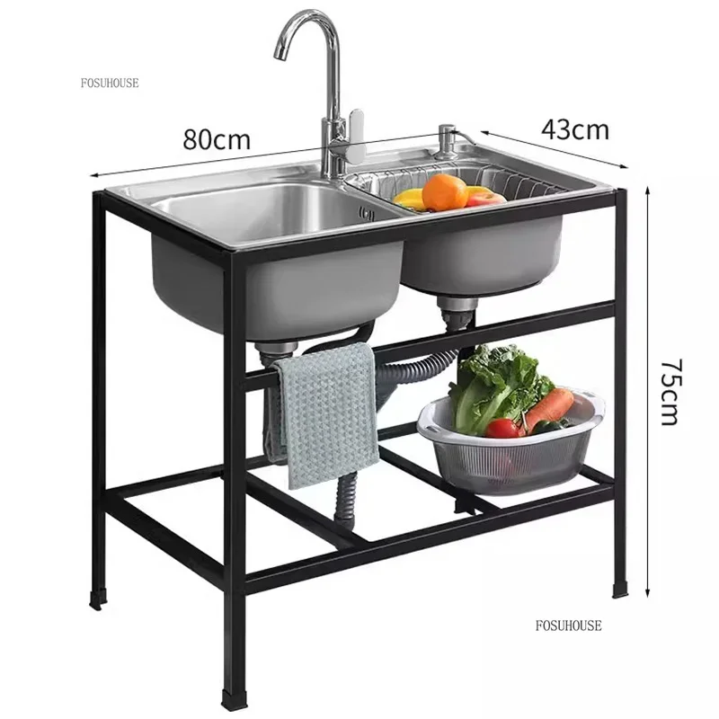 Thickened Stainless Steel Kitchen Sink with Bracket Single Bowl Double Bowl Dish Washing Sink Home Floor Vegetable Washing Basin 6