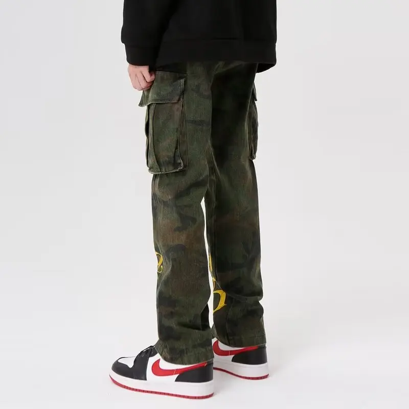 2023 Vibe Stil Brief Stickerei Camouflage Baggy Männer Cargo Hosen Gerade Hip Hop Lange Hosen Taktische Bekleidung Ropa Hombre – Detail 9