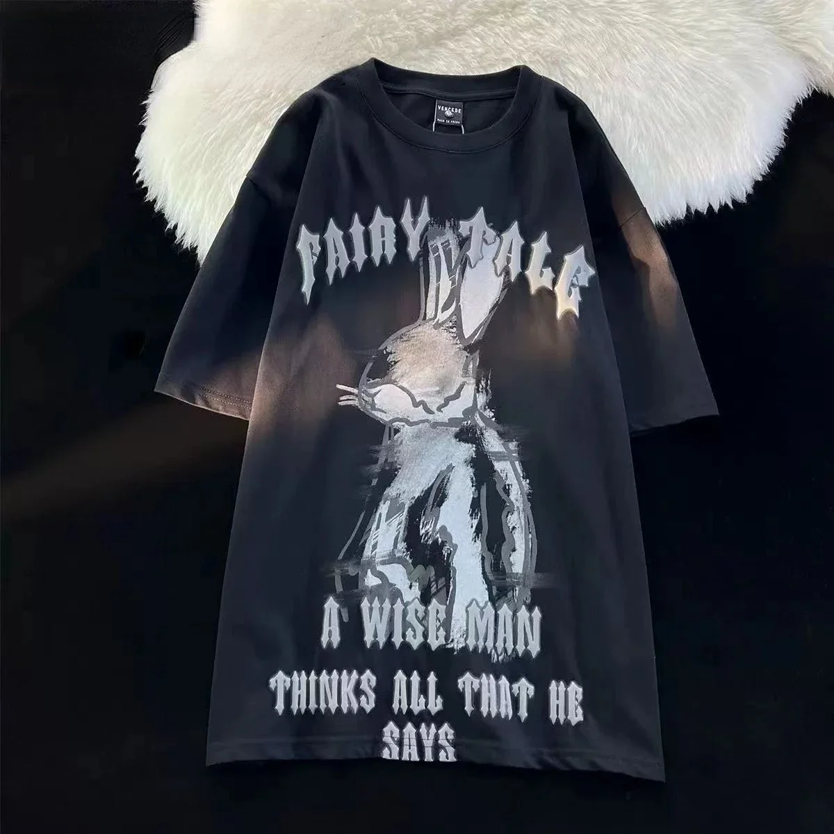 

Cotton American Retro Street Hip Hop Graffiti Rabbit Short Sleeve T-shirt Men and Women INS Summer Loose Couple Top Y2K Clothes