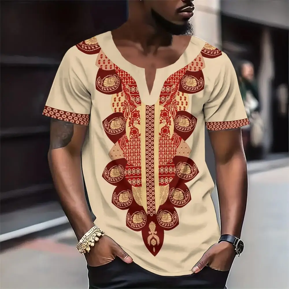 T-shirt Homme Africain Danshiki Patchwork - Imprimé 3D, Manches Courtes, Multicolore, été