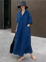 Robe longue midi à col en V pour femmes, manches courtes, coupe ample avec poches, décontractée, pour les vacances, le quotidien, le streetwear, robes maxi amples pour femmes. 3