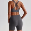 Solid Color Gym Yoga Set Short Legging Cross Back Shoulder Strap Sport Bra Tracksuit Women Suit Comprehensive Training Athletic 6