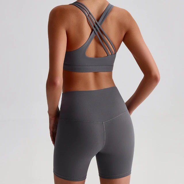 Solid Color Gym Yoga Set Short Legging Cross Back Shoulder Strap Sport Bra Tracksuit Women Suit Comprehensive Training Athletic 6