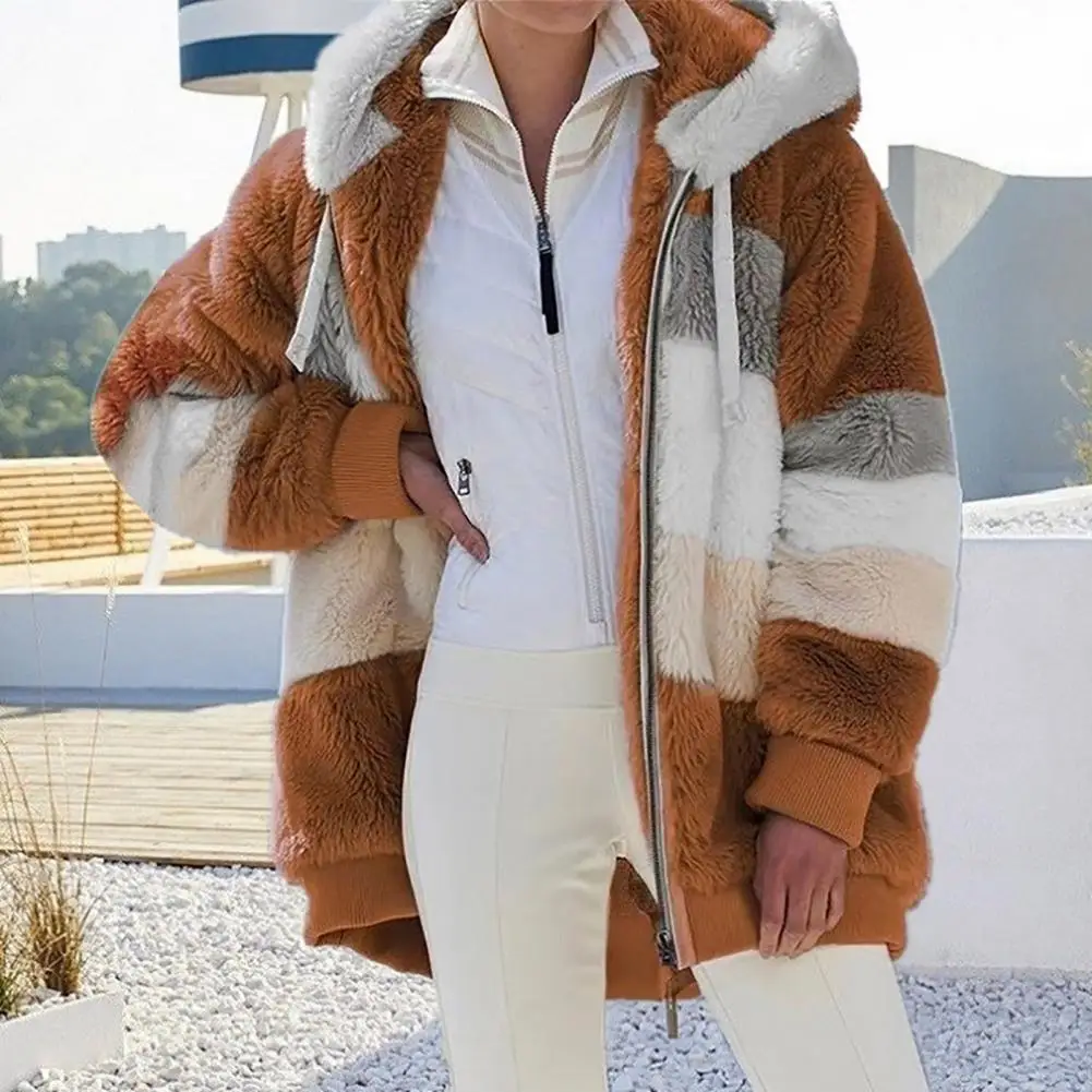 

Womens Fuzzy Fleece Jacket Hooded Zipper Casual Patchwork Hooded Loose Coat Faux Fur Long Sleeves Cardigan Fashion Outerwear