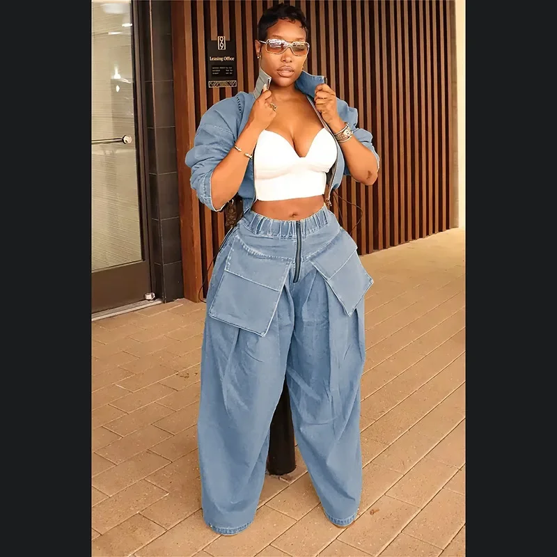 Big Pockets Loose Jeans Cargo Pants Women Fashion Zipper Elastic