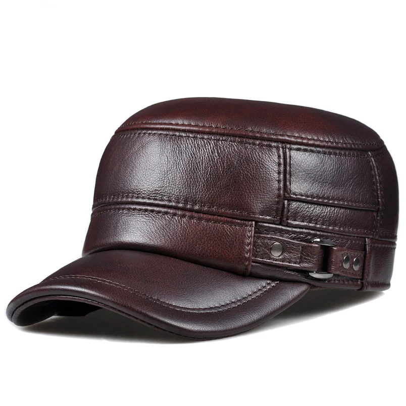 Winter Genuine Leather Cap Men's Flat Caps Warm Army Military Hat Elegant Man Baseball Cap British Vintage Cowhide Leather Hat baseball cap flat cap leather hat