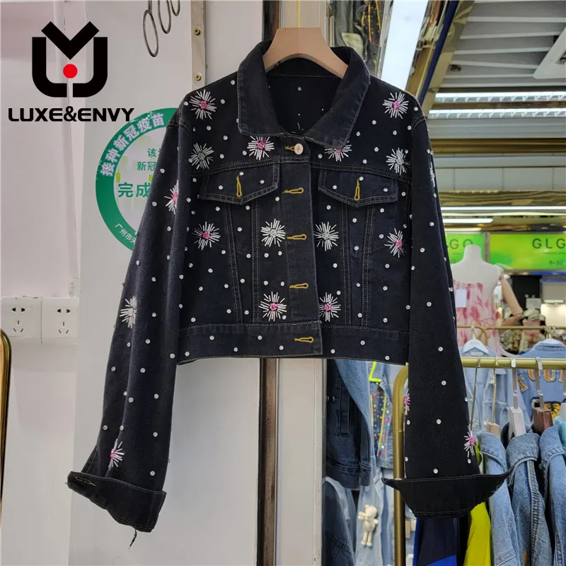 

LUXE&ENVY Heavy Industry Embroidery Flower Beaded Long Sleeve Denim Coat New Versatile Loose Short Coat Women's 2023 Autumn