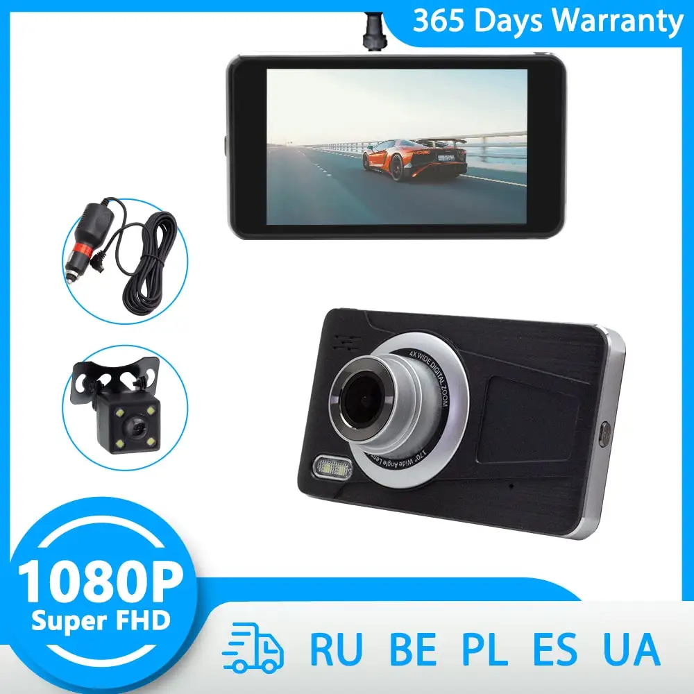 

4 Inch Full HD 1080P Dash Cam Video Recorder Driving Front Rear Car Recording Night Wide Angle Dashcam Video Registrar Car DVR