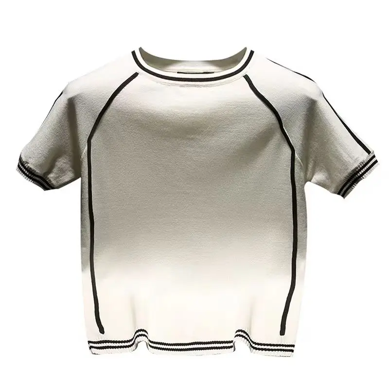 

Clothes for men Spring and Summer Fashion Striped Crewneck Knitted Short Sleeve T-Shirt Thin Stretch Sweater Tops