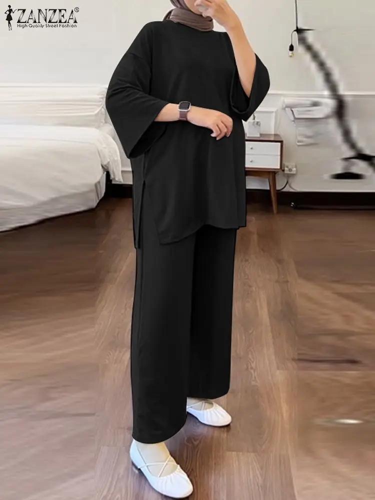 

ZANZEA Autumn Fashion Turkey Muslim Sets 2pcs Long Sleeve Blouse Loose Trousers Elegant Hijab IsIamic Clothing Women Casual Suit